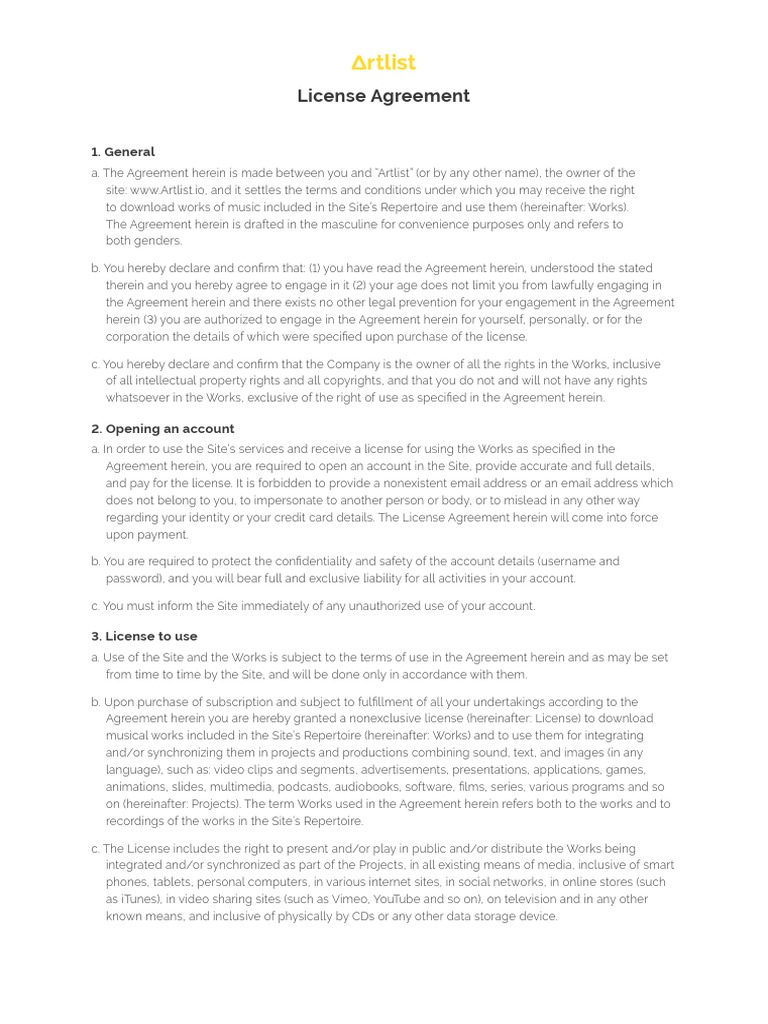 Artlist License Agreement Overview | PDF | License | Intellectual Property