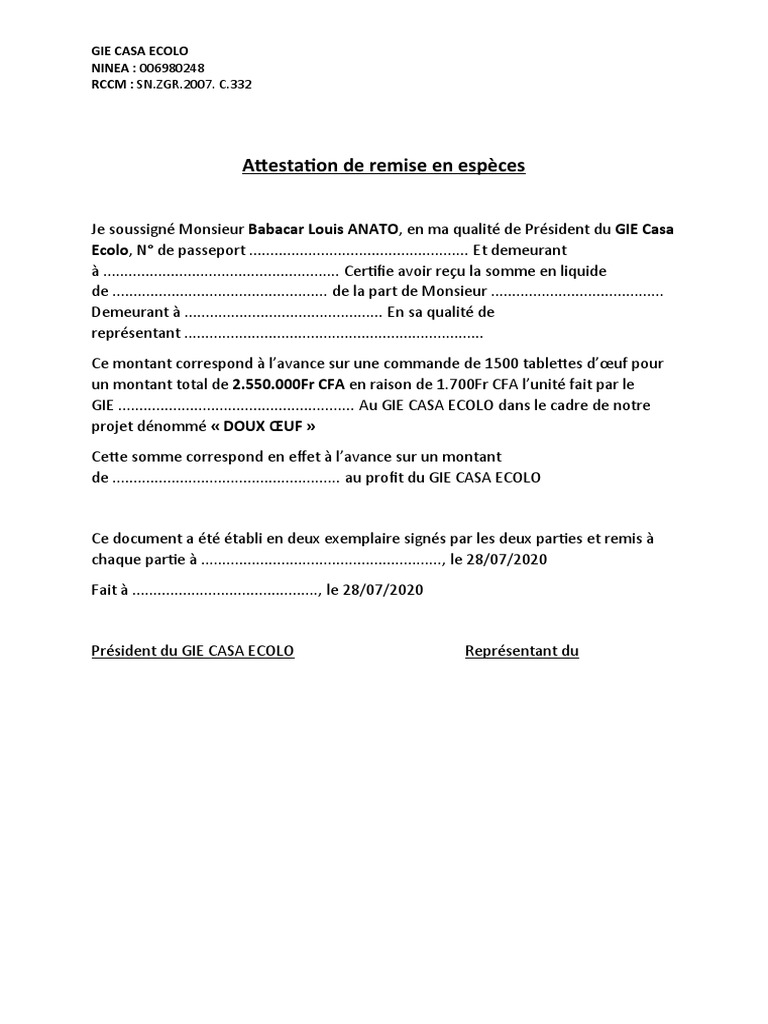 Attestation de Remise en Espèces PDF
