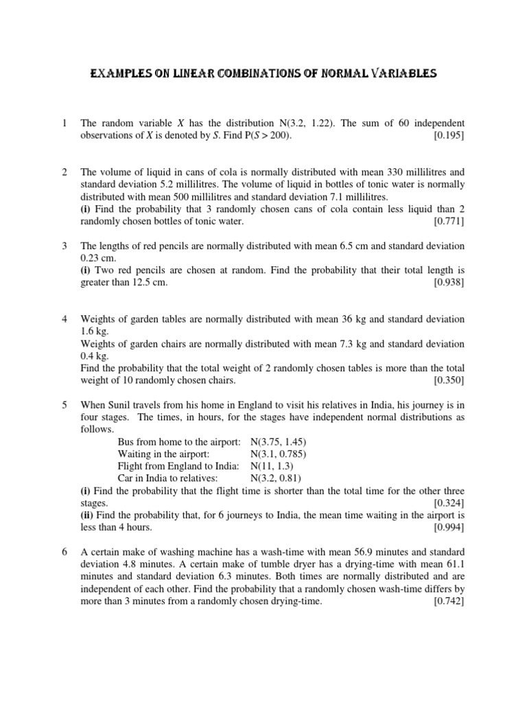 Examples On Linear Combinations of Normal Variables | PDF | Normal ...