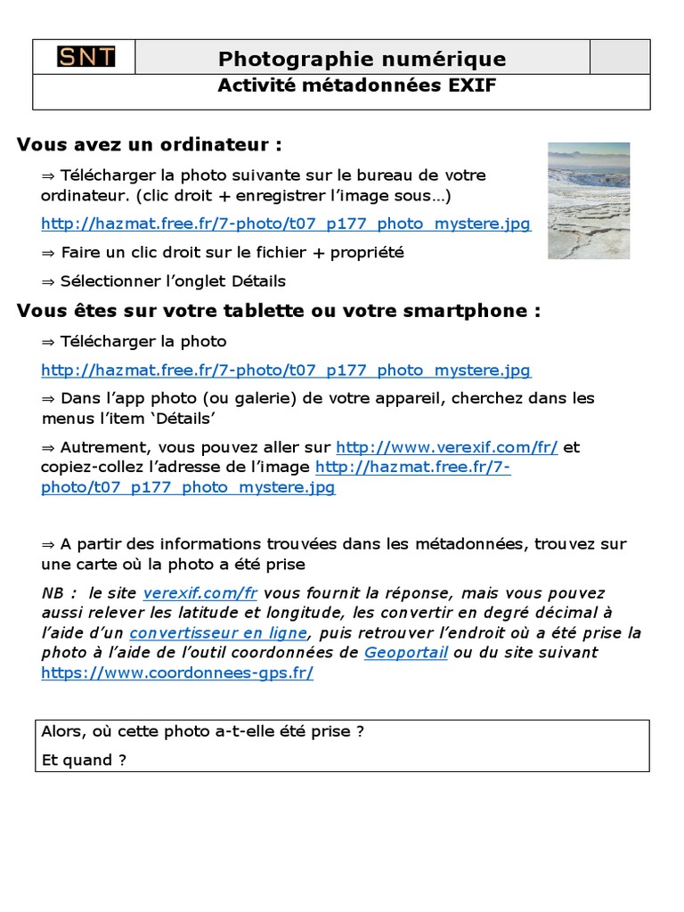 Ou A Ete Prise La Photo A Telecharger Activite Exif | PDF