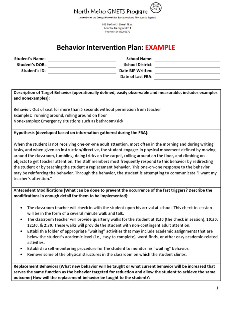 Example Behavior Intervention Plan | PDF | Reinforcement | Teachers