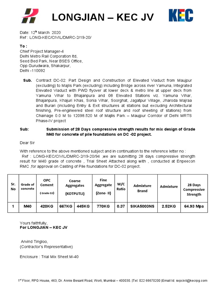KEC Lab Mix Design Approval Letter M40 PDF Concrete Civil Engineering
