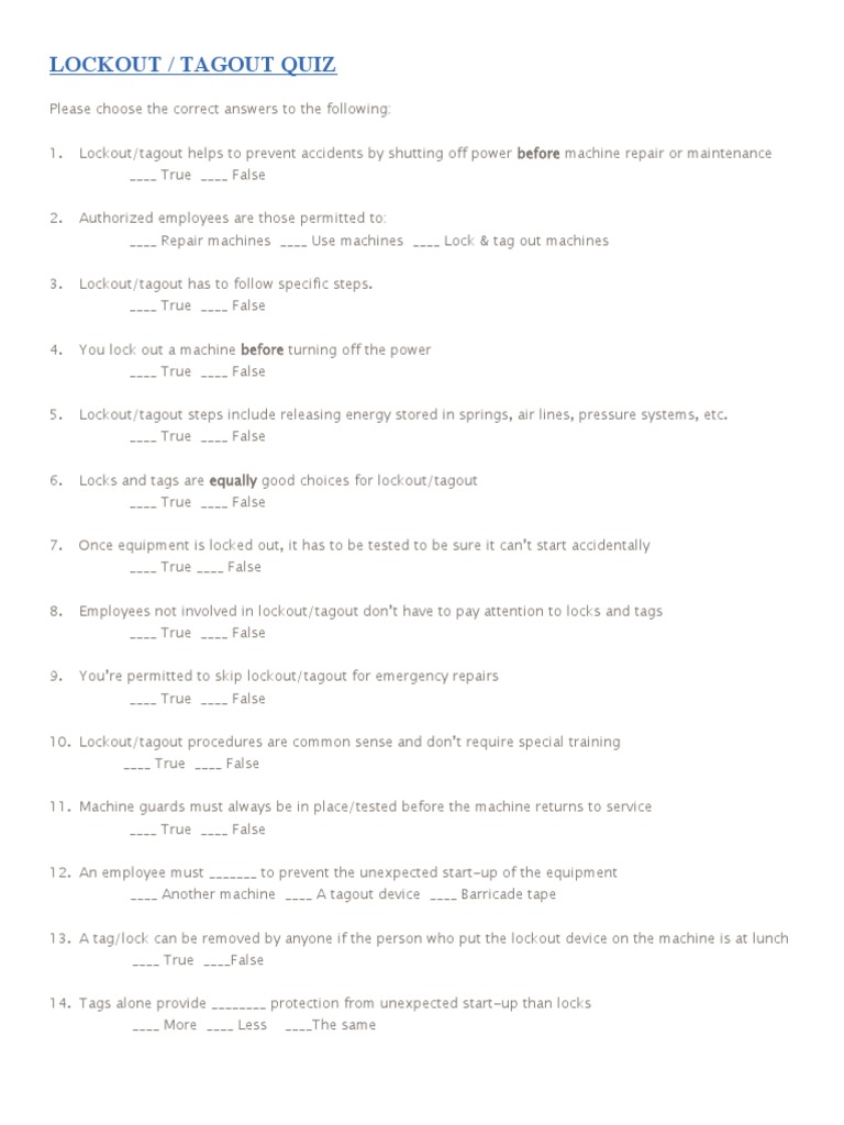 Lockout / Tagout Quiz PDF Occupational Safety And Health Prevention