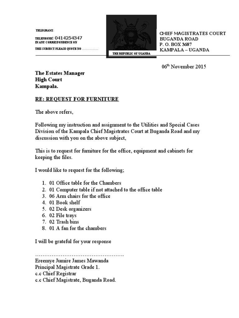 Buganda Road Court Furniture Request | PDF