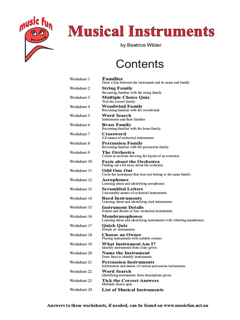 Instruments Worksheet PDF Woodwind Instruments Musical Instruments