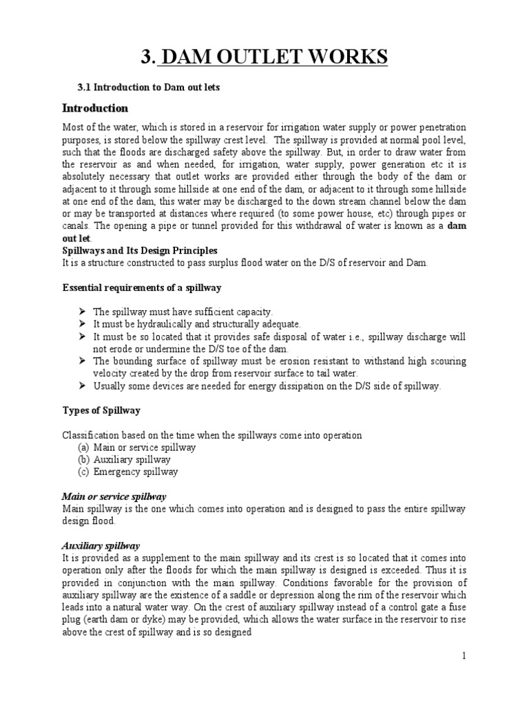 Dam Outlet Works: 3.1 Introduction To Dam Out Lets | PDF | Spillway | Dam