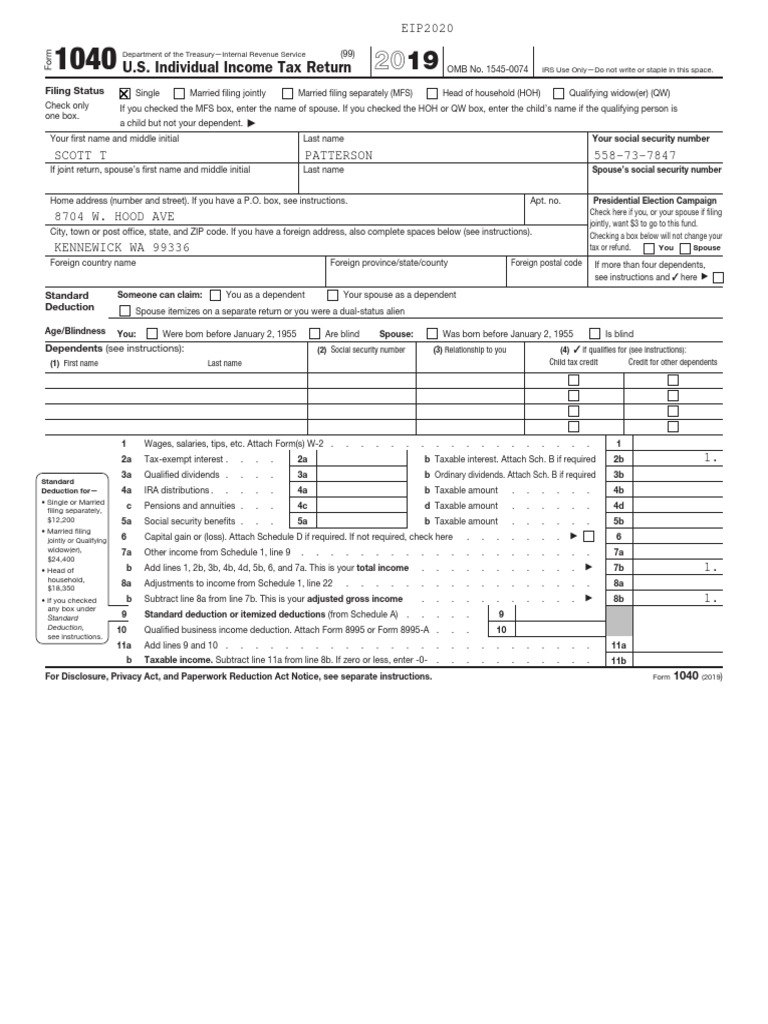 2019 U.S. Individual Income Tax Return | PDF | Irs Tax Forms | Social ...