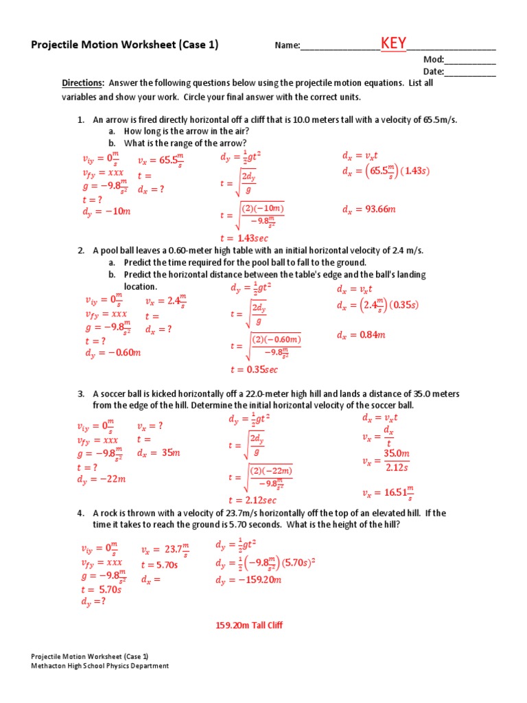 Projectile Motion Worksheet Case 1 Answer Key Projectiles Mechanics