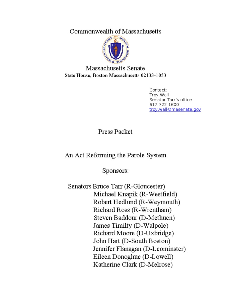 Press Packet for Parole Board Legislation Press Conference Habitual Offender Parole