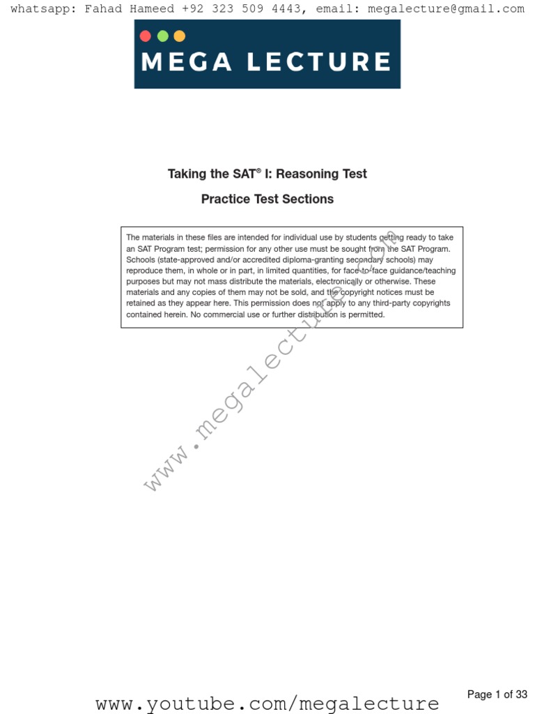 Taking The SAT I: Reasoning Test Practice Test Sections: Page 1 of 33 ...