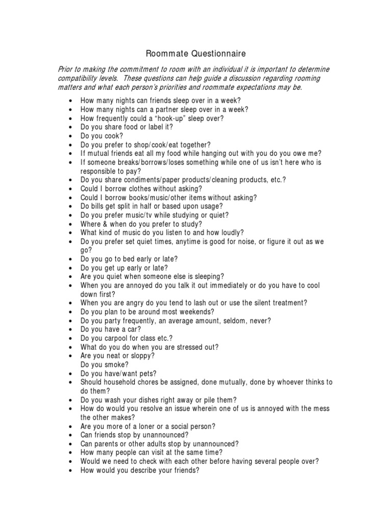 Roommate Questionnaire PDF