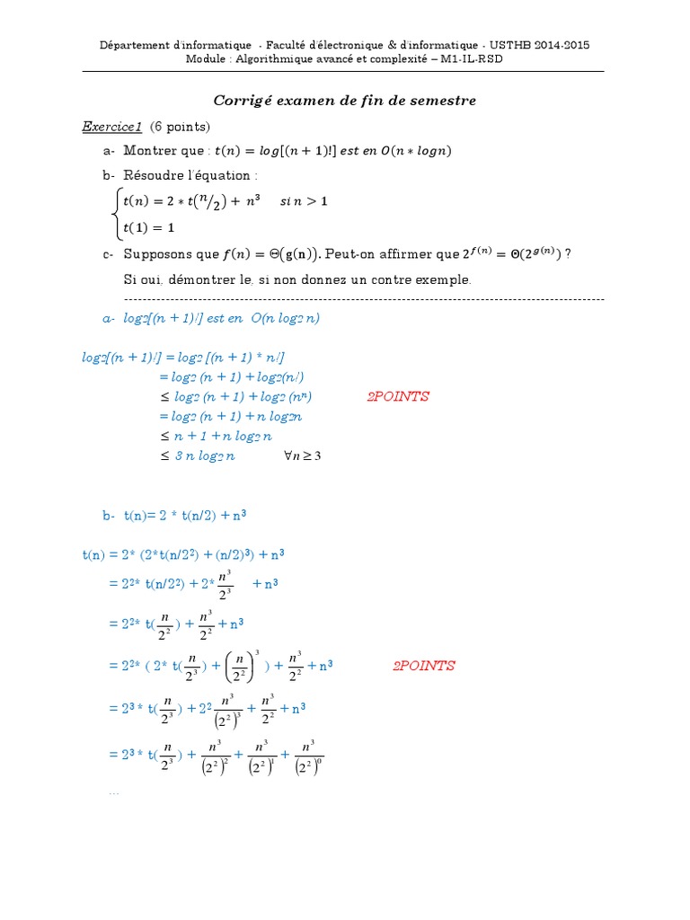 Corrigé Examen Algorithmique Avancée | PDF | Théorie de la complexité ...