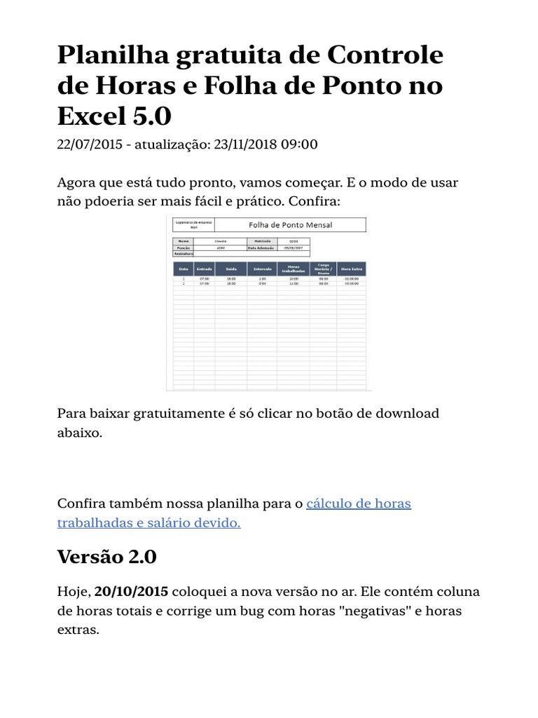 Planilha Gratuita de Controle de Horas e Folha de Ponto No Excel 5.0 | PDF