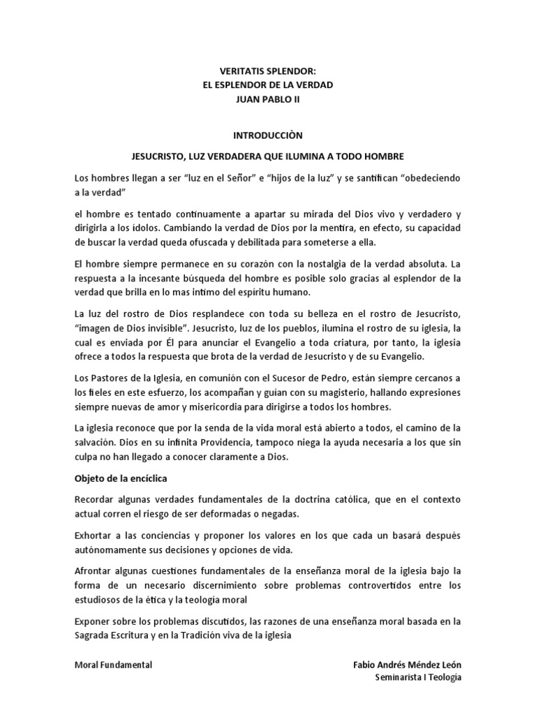 VERITATIS SPLENDOR - Ideas Introducciòn | PDF | Iglesia Católica | Verdad