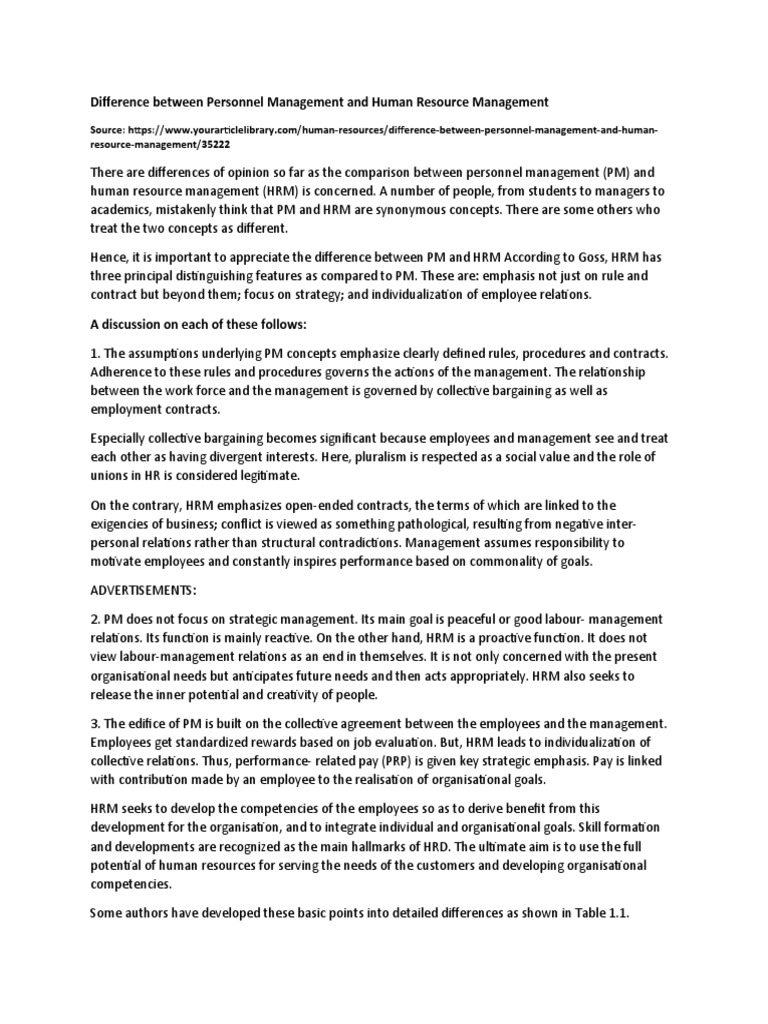 Difference Between Personnel Management and Human Resource Management1