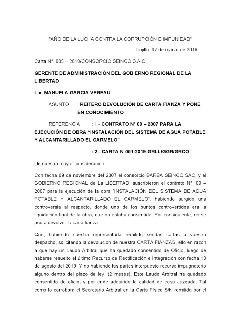 SOLICITO DEVOLUCION DE CARTA FIANZA Arbitraje Gobierno