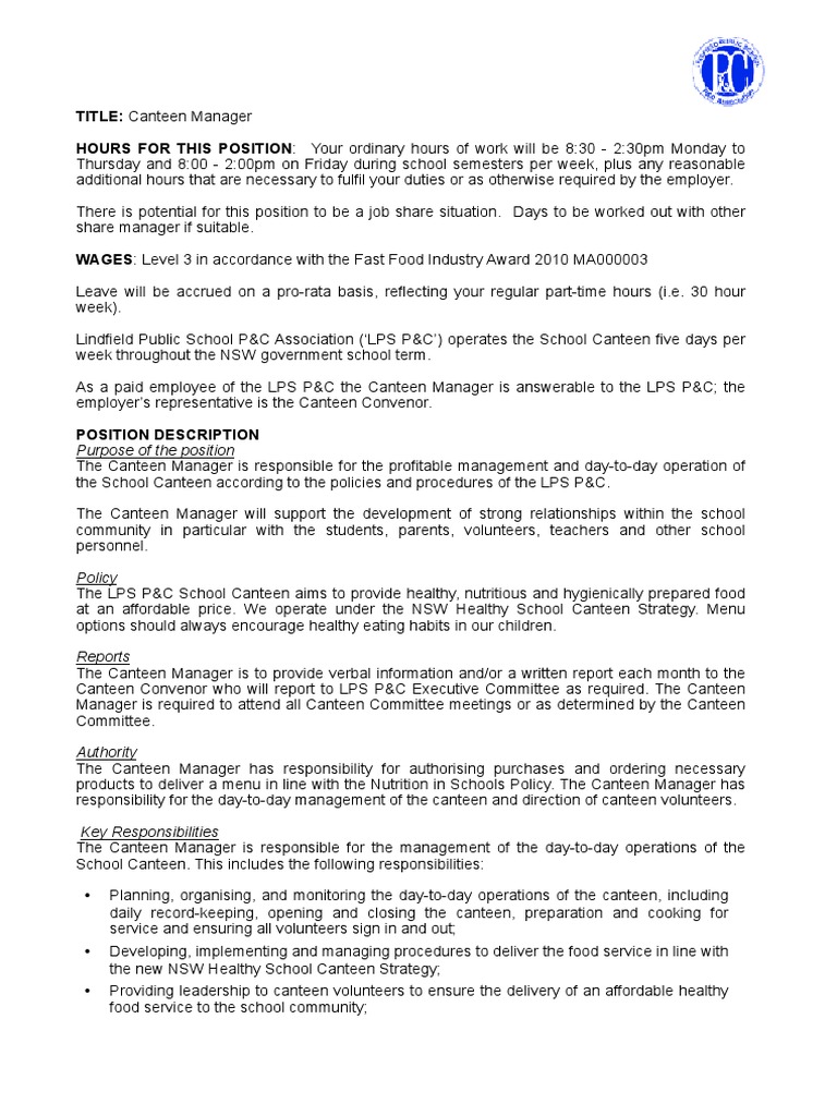 Canteen Manager Job Description PDF Foods Occupational Safety And