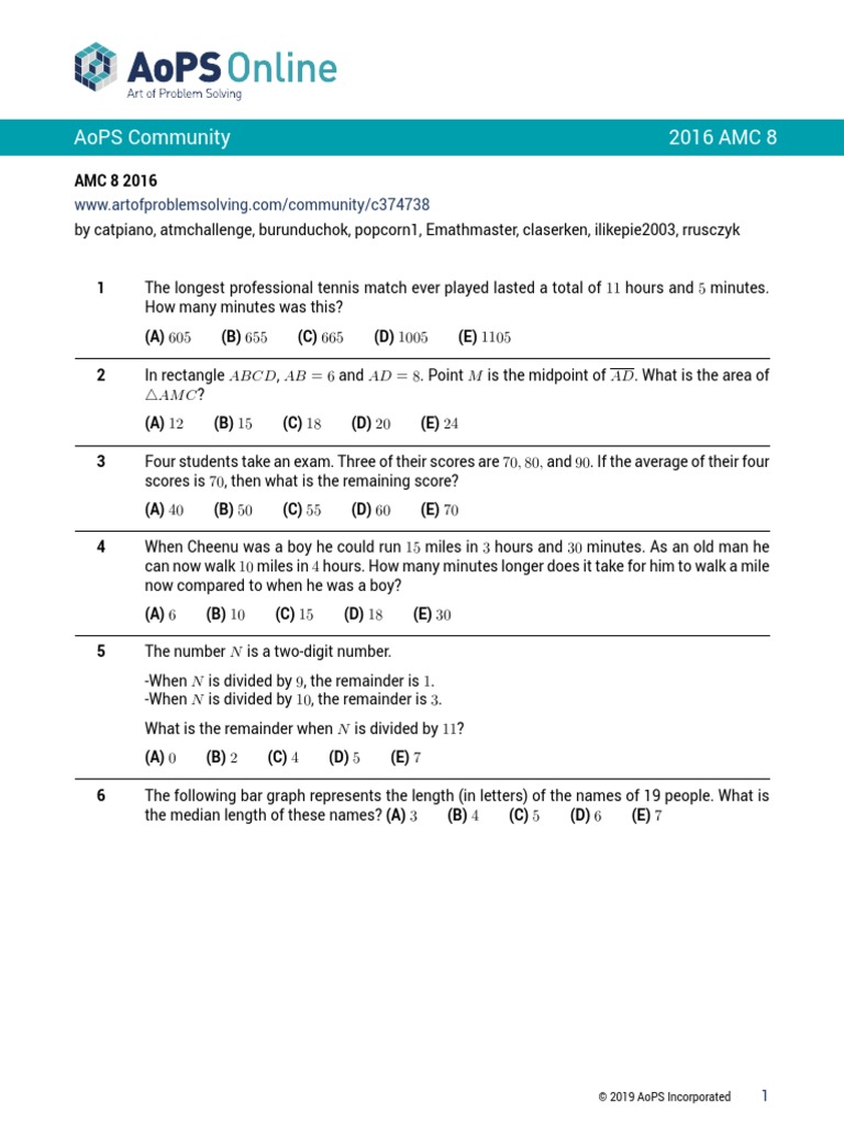 Aops Community 2016 Amc 8 PDF Mathematical Objects Discrete