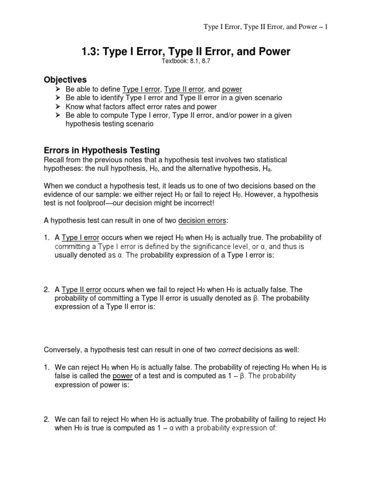 1.3 Type I Error Type II Error and Power PDF | Download Free PDF | Type ...