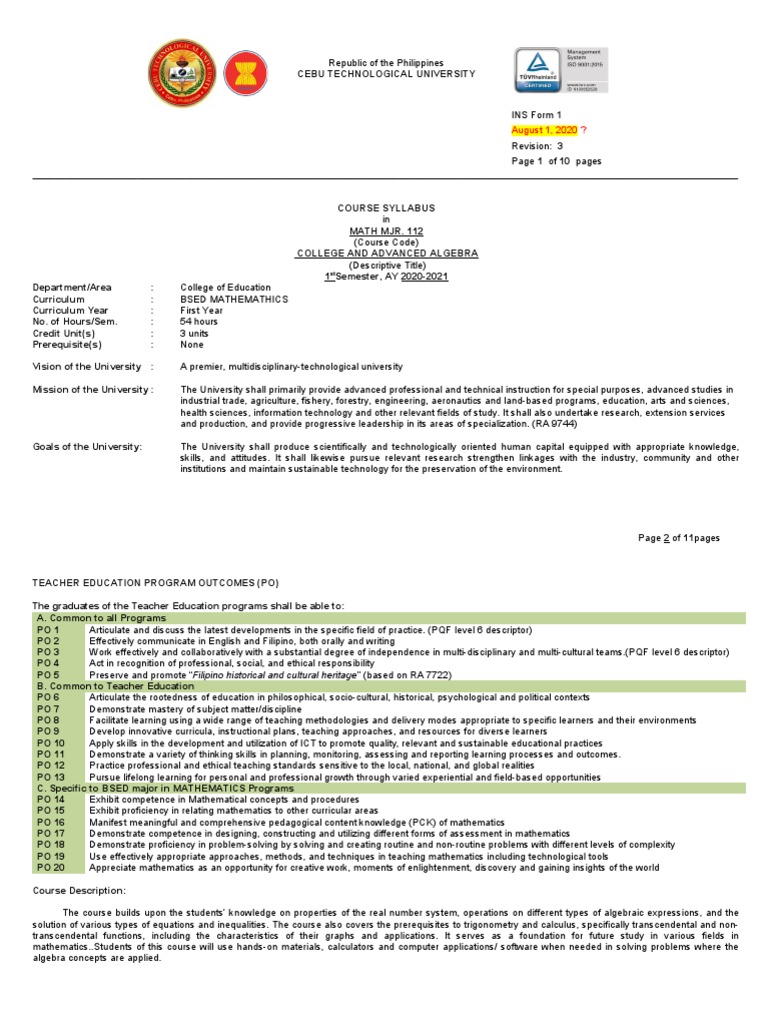 College and Advanced Algebra Syllabus | PDF | Function (Mathematics ...