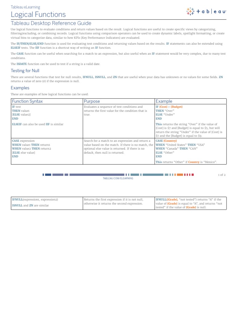 Logical Functions: Tableau Desktop Reference Guide | PDF | Computer ...
