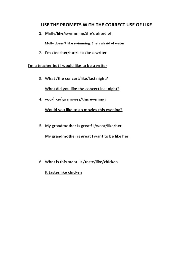 Use The Prompts With The Correct Use of Like | PDF