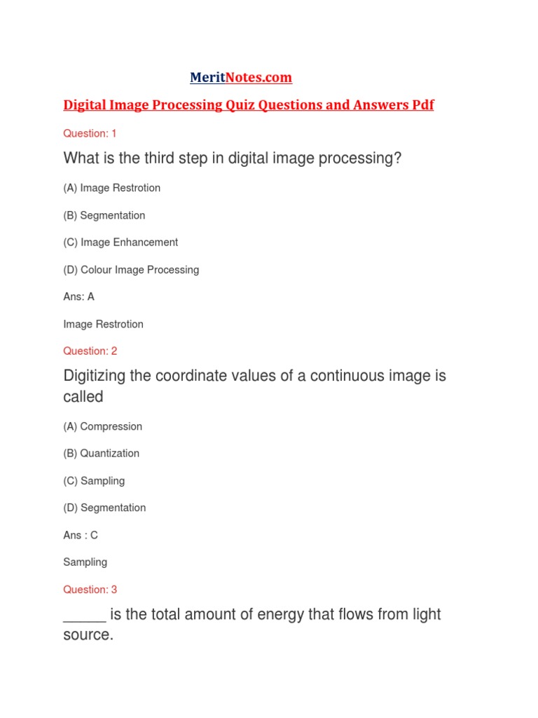 Digital Image Processing Quiz PDF PDF