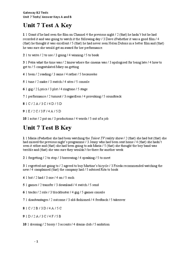 Gateway B2 Test 7 Key | PDF
