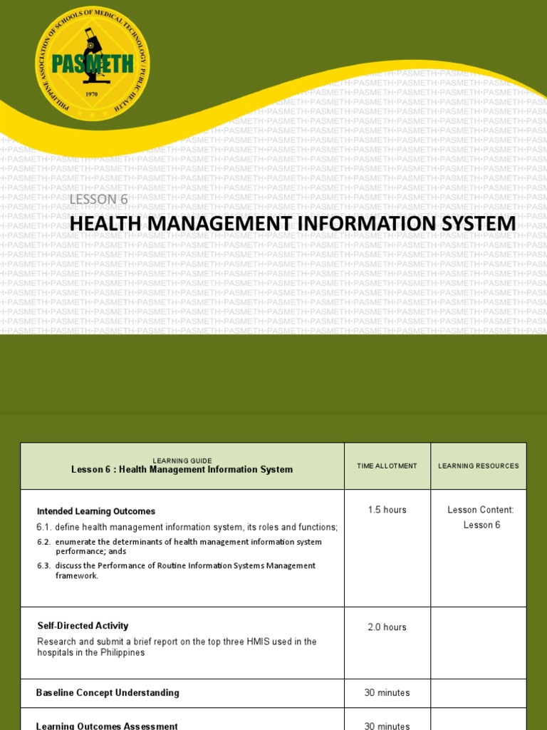 Health Management Information System Lesson 6 PDF Health