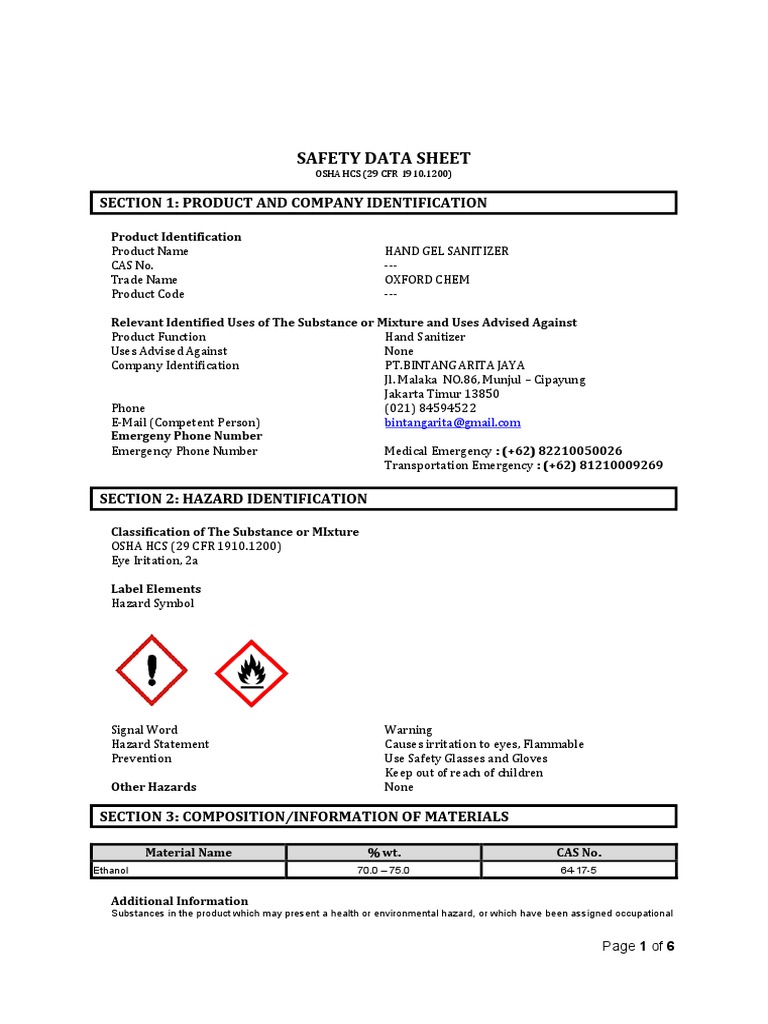 SDS Hand Gel Sanitizer PDF Toxicity Dangerous Goods