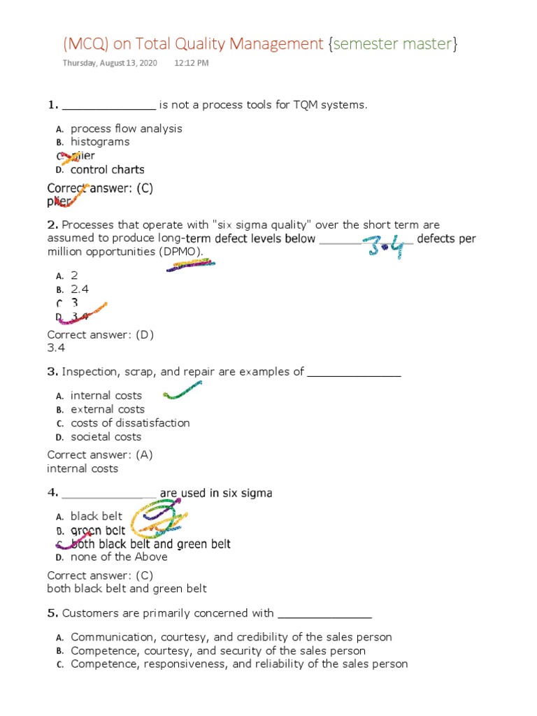 (MCQ) On Total PDF Quality Management Six Sigma