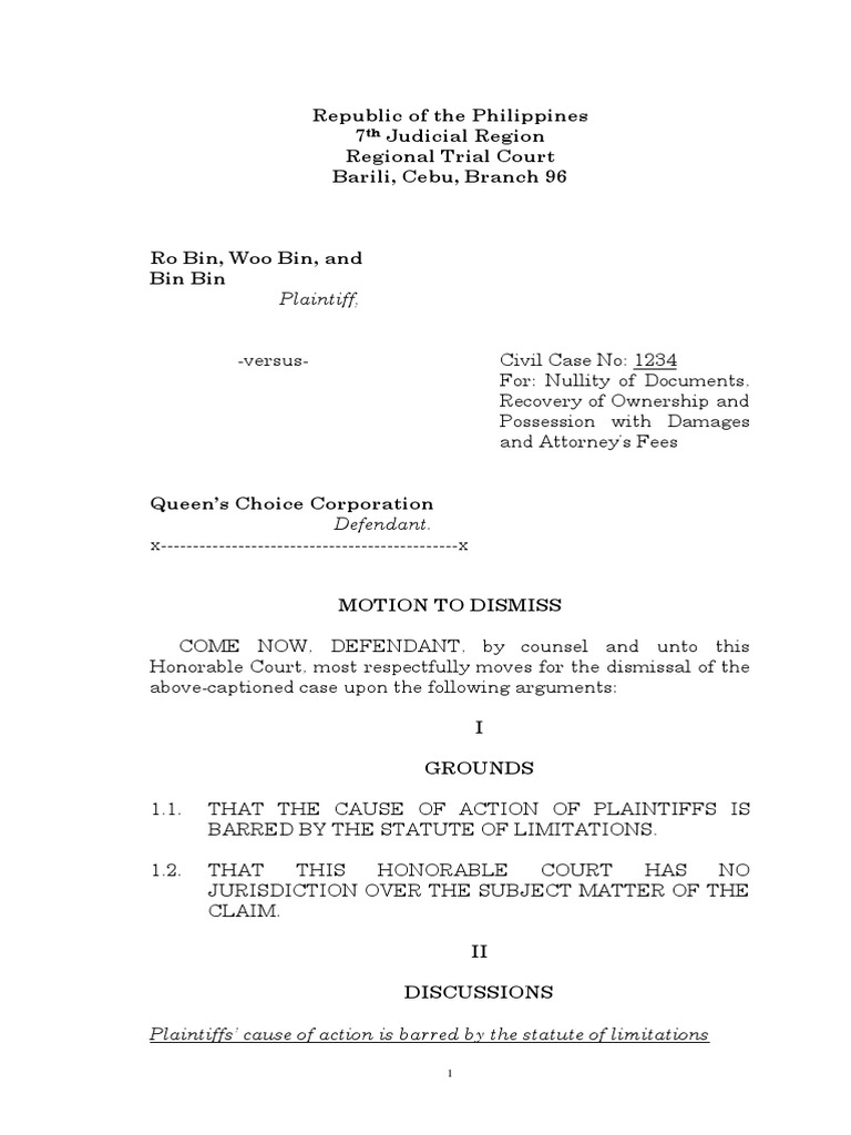 (PLEDD) Motion To Dismiss PDF Statute Of Limitations Lawsuit