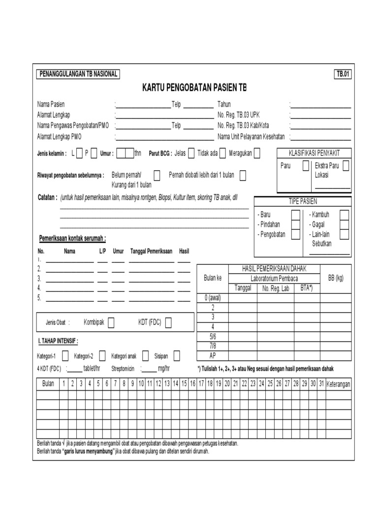 Kartu Pengobatan Pasien TB: Penanggulangan TB Nasional TB.01 | PDF