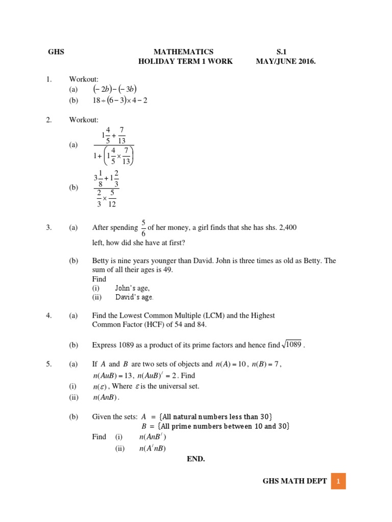 S.1 Math Holiday Assignment | PDF
