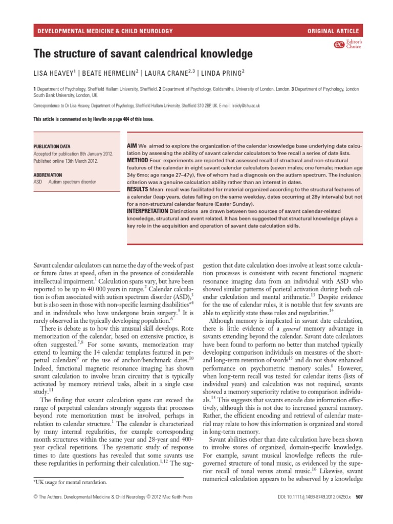 The Structure of Savant Calendrical Knowledge Developmental Medicine