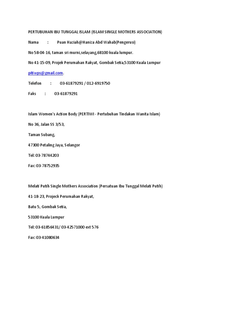 Alamat Persatuan Ibu Tunggal Pdf