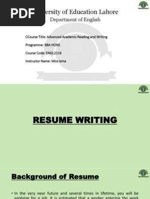 Academic reading & Writing - Resume Writing