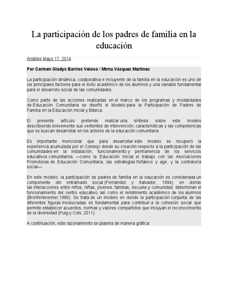 La Participación de Los Padres de Familia en La Educació1 | PDF ...
