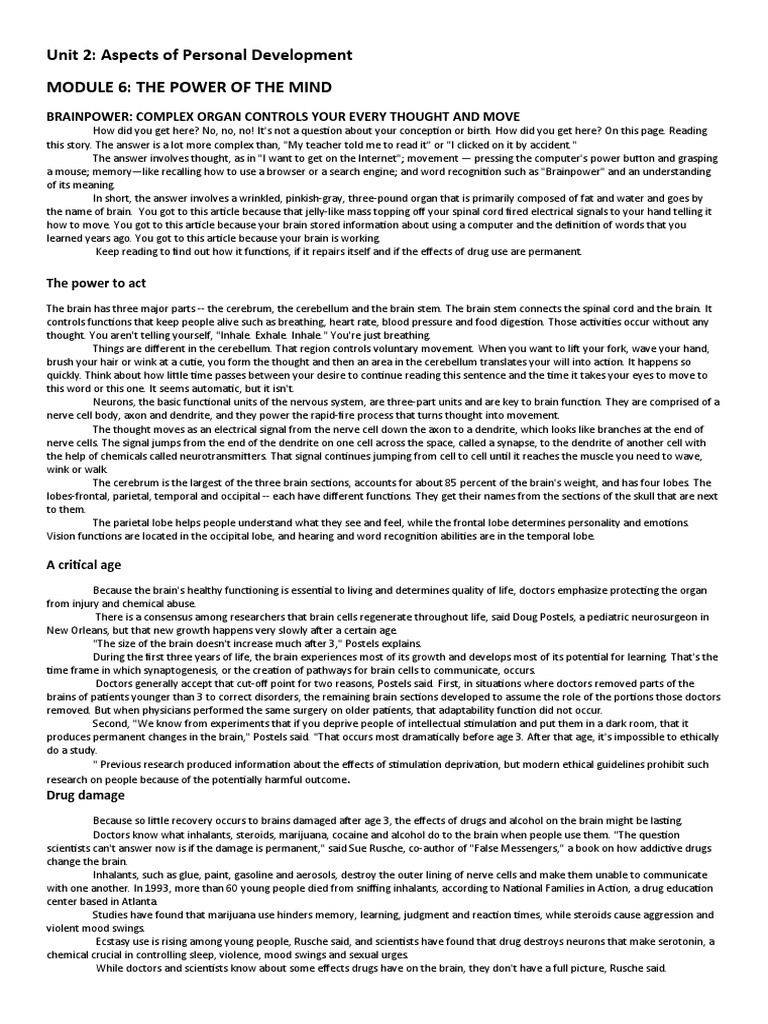 Unit 2: Aspects of Personal Development Module 6: The Power of The Mind ...