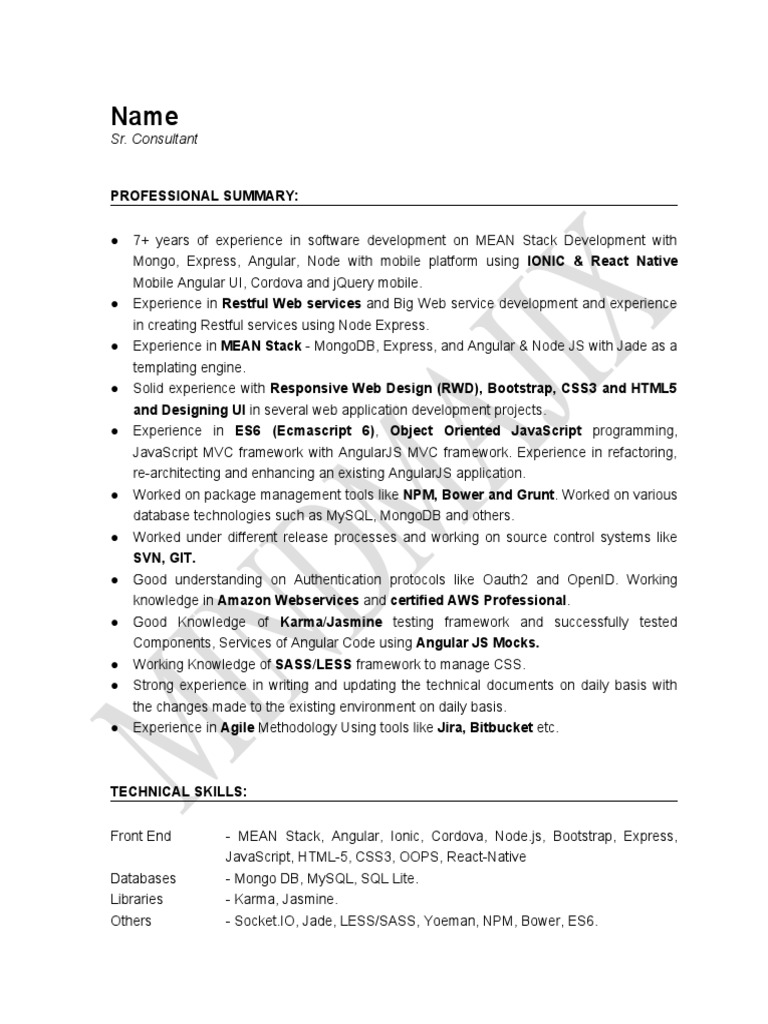 MEAN Stack Senior Consultant Profile | PDF | Angular Js | Web Application
