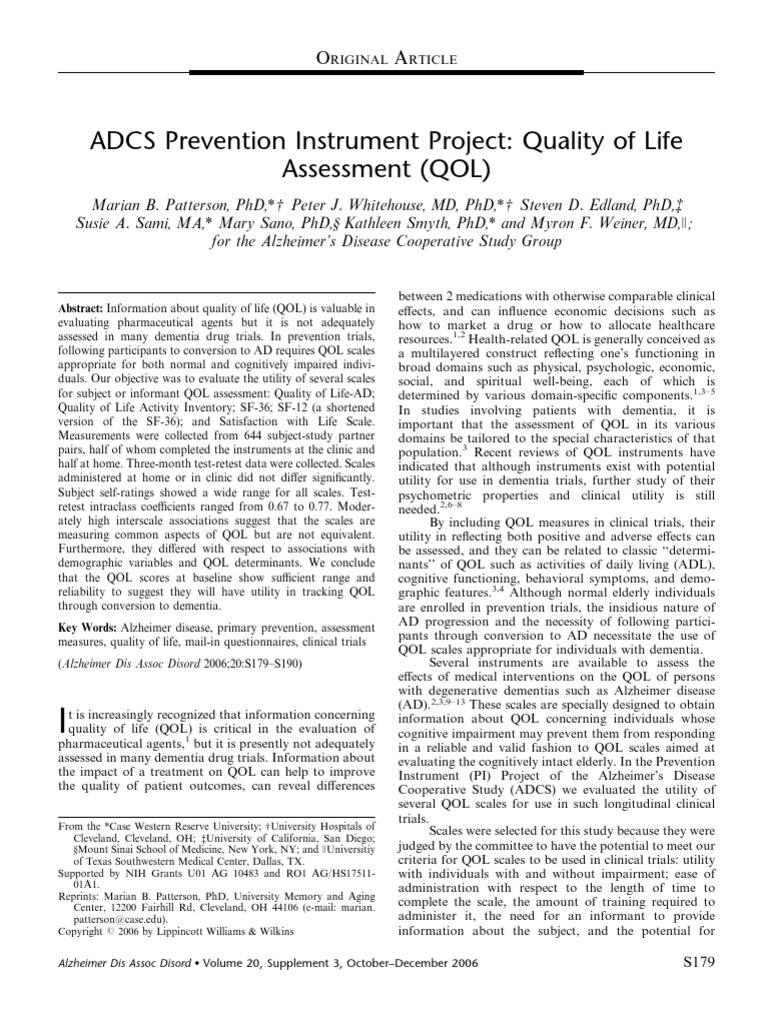 ADCS Quality of Life Assessment | PDF | Dementia | Quality Of Life
