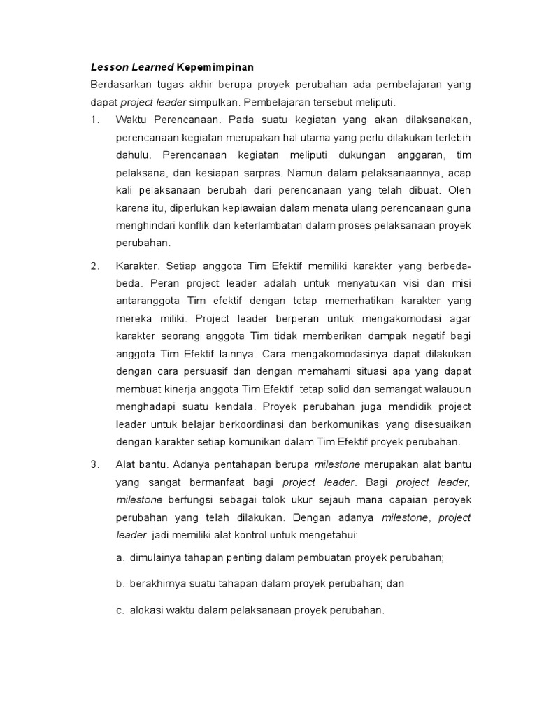 Contoh Lesson Learned Kepemimpinan | PDF