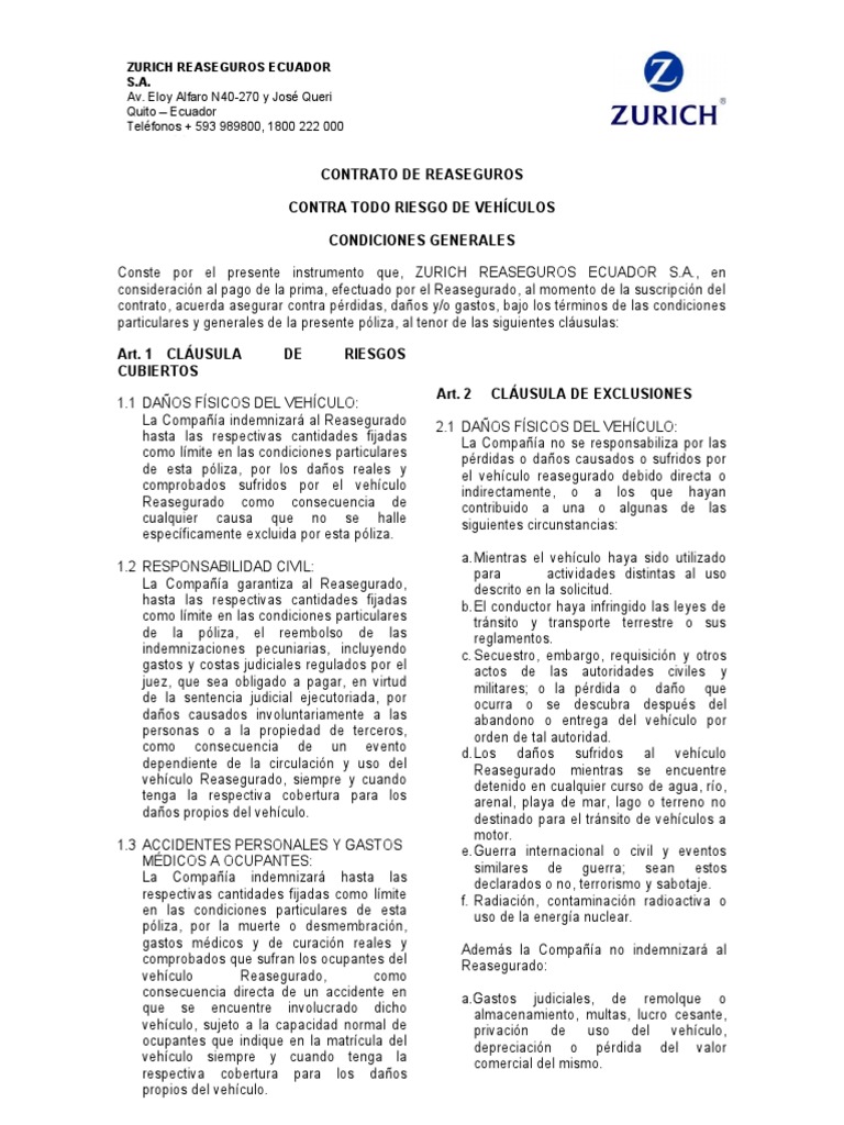 Contrato de Reaseguro de Vehículos | PDF | Póliza de seguros | Reaseguro