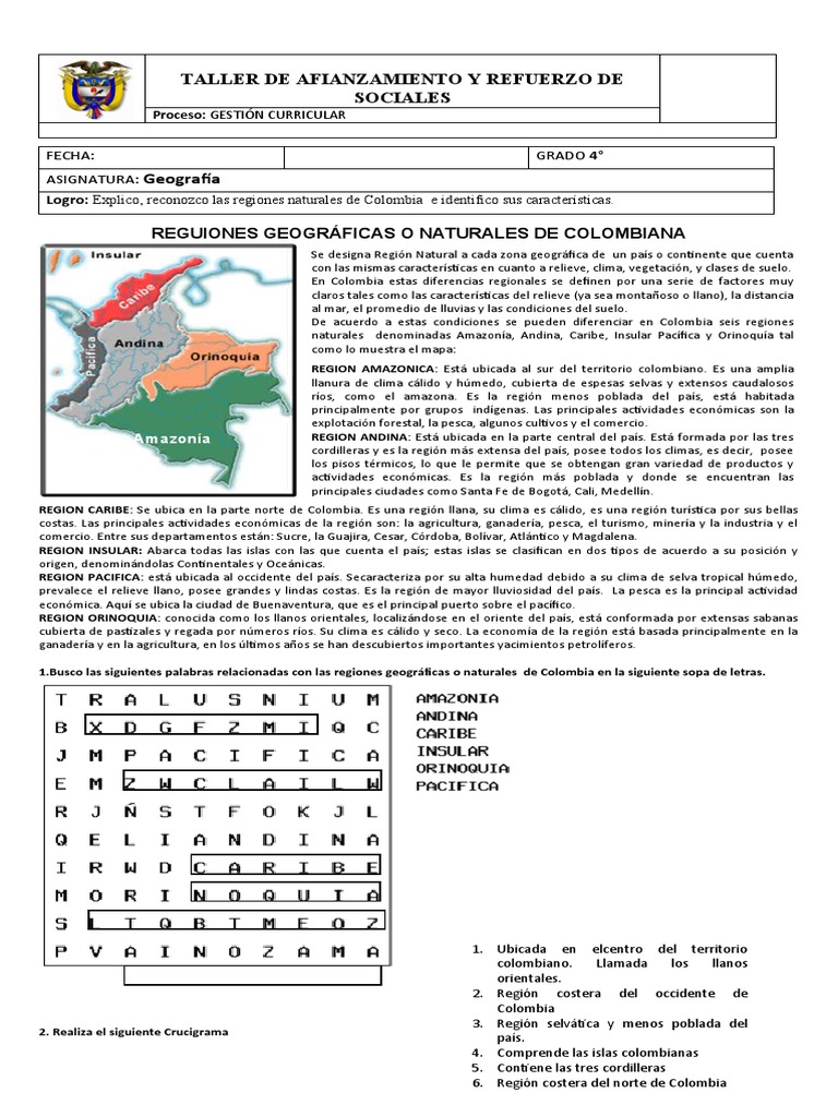 GUIA TALLER DE SOCIALES 4 Regiones de Colombia Docente | PDF | Colombia ...