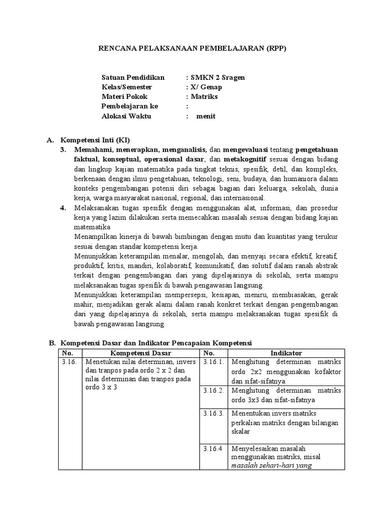 Rpp Kd 16 Determinan Matriks