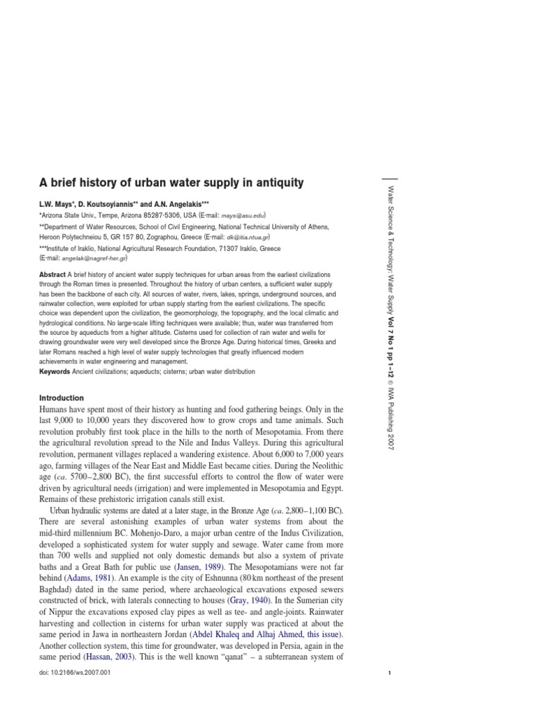 .A Brief History of Water Supply in Antiquity PDF PDF Mycenaean Greece Pompeii