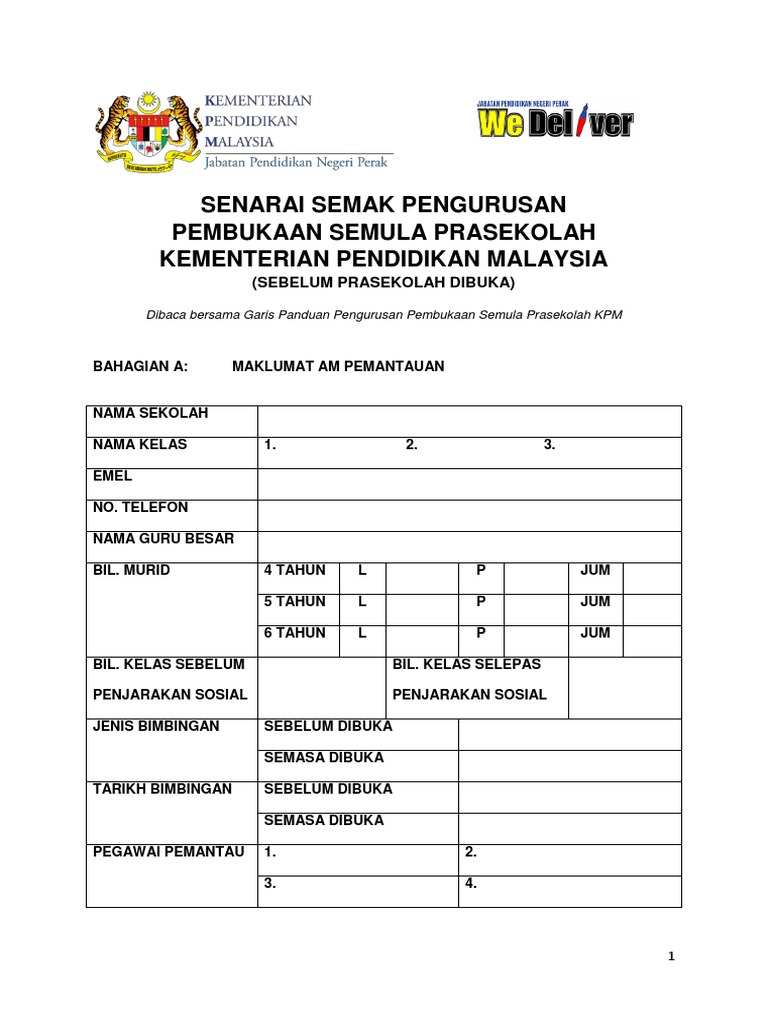 25 Jun Senarai Semak Pematuhan Garis Panduan Pembukaan Semula Prasekolah