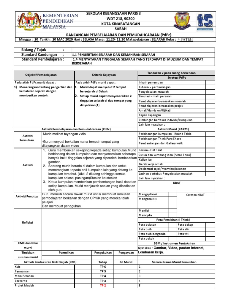 Rancangan Pembelajaran Sejarah Standard 4 | PDF