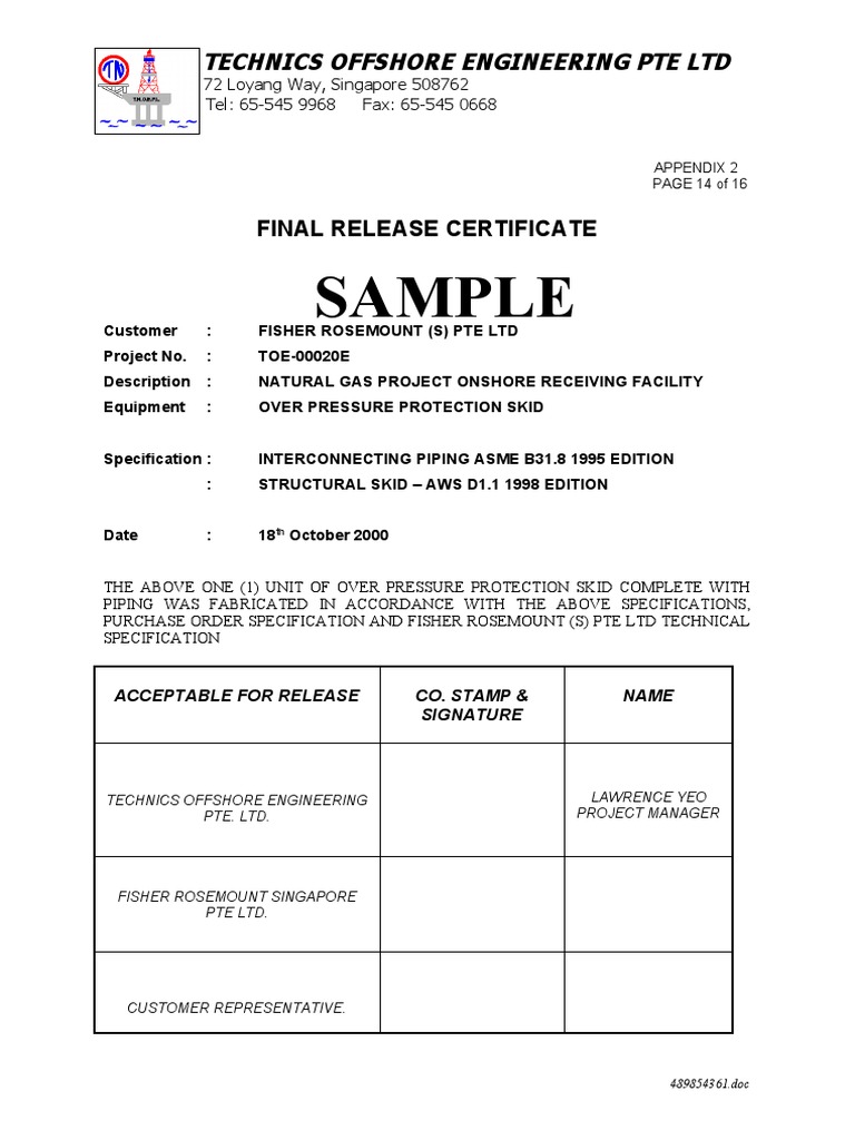 Final Release Certificate for Project TOE-00020E | PDF