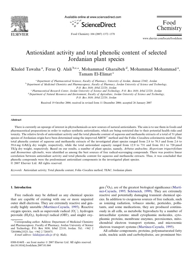 Antioxidant Activity in Jordanian Plants | PDF | Radical (Chemistry ...
